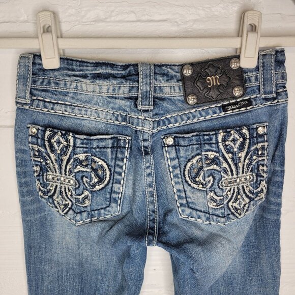 Miss Me Women's Size 27 Jeans Boot Fleur De Lis Rhinestones Studded - Picture 3 of 6